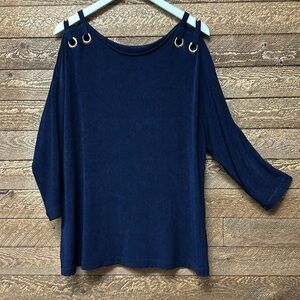 Chicos Travelers Hardware Cold Shoulder Slinky Navy Blue Tunic Top Size XL